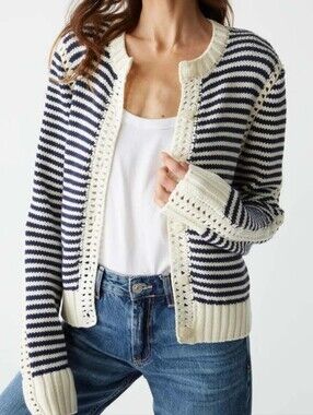 Michael Stars Adaline Navy Stripe Crochet Button Front Cardigan Sweater M